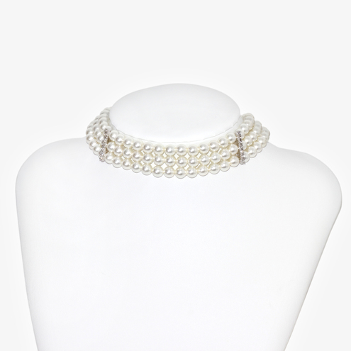 Collarino perle 3 fili cm32+12 diametro 6mm barrette strass
